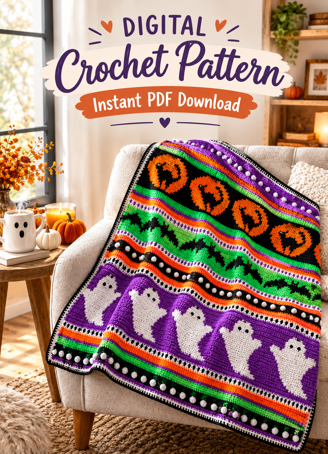 Halloween Crochet Blanket & Afghan Pattern | Ghost, Bat, Pumpkin PDF - Velvetloophouse